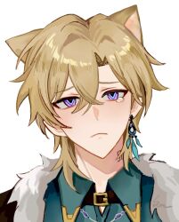 Rule 34 | 1boy, :&lt;, animal ears, aqua shirt, artist name, aventurine (honkai: star rail), black collar, blonde hair, blue eyes, blush, c for cola, cat ears, closed mouth, collar, collared shirt, commentary, crossed bangs, earrings, frown, fur trim, hair between eyes, highres, honkai: star rail, honkai (series), jewelry, looking at viewer, male focus, multicolored eyes, neck tattoo, parted bangs, purple eyes, raised eyebrows, sad, shirt, short hair, signature, simple background, single earring, solo, symbol-only commentary, tattoo, tearing up, upper body, white background