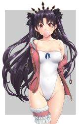 Rule 34 | 1girl, bad id, bad pixiv id, black hair, breasts, casual one-piece swimsuit, chewing gum, cleavage, dorobuton mannendoko, earrings, fate/grand order, fate (series), highleg, highleg swimsuit, highres, hoop earrings, ishtar (fate), jacket, jewelry, bridal garter, long hair, one-piece swimsuit, pink jacket, red eyes, solo, standing, strapless, strapless one-piece swimsuit, swimsuit, tohsaka rin, twintails, two side up, white one-piece swimsuit
