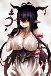 Rule 34 | 10s, 1girl, antenna hair, bandages, bandaged arm, bandages, black gloves, black hair, breasts, cleavage, crescent, danua, draph, dress, female focus, fingerless gloves, gloves, granblue fantasy, hair between eyes, highres, horn ornament, horns, jewelry, large breasts, long hair, looking at viewer, necklace, pointy ears, red eyes, senasky, solo, white dress