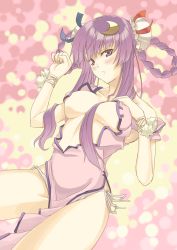 Rule 34 | 1girl, alternate hairstyle, breasts, china dress, chinese clothes, cleavage, crescent, crescent hair ornament, crescent moon, dress, female focus, hair ornament, maou, moon, panties, patchouli knowledge, sengoku aky, side-tie panties, solo, touhou, underwear