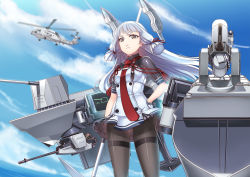 Rule 34 | 10s, 1girl, aircraft, black pantyhose, blue sky, blunt bangs, bodysuit, bodysuit under clothes, cannon, cloud, cowboy shot, day, dress, gloves, gradient background, hair ribbon, hand on own hip, headgear, helicopter, hiememiko, holding, kantai collection, long hair, mecha musume, monitor, murakumo (kancolle), murakumo kai ni (kancolle), necktie, ocean, pantyhose, red eyes, ribbon, sailor dress, short eyebrows, silver hair, sky, solo, thighband pantyhose, tress ribbon, turret