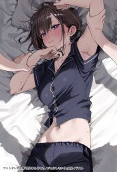 Rule 34 | 2girls, arm up, armpits, bed, black pants, black shirt, blue eyes, blush, breasts, brown hair, chigusa minori, cleavage, cropped shirt, female pov, from above, hand on another&#039;s arm, highres, large breasts, long hair, looking at viewer, lying, midriff, multiple girls, navel, nose blush, on back, on bed, open mouth, original, pants, pillow, pov, pov hands, shadow, shirt, short sleeves, solo focus, stomach, sweat, teeth