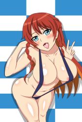 Rule 34 | 1girl, ass, blue eyes, breasts, covered erect nipples, female focus, highres, large breasts, licking, long hair, nipples, open mouth, re:creators, red hair, selesia upitiria, swimsuit, urisyari