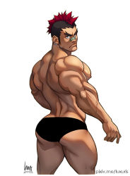 Rule 34 | 1boy, ass, bandaid, bandaid on face, bandaid on nose, bara, black hair, black male underwear, briefs, cropped legs, dark-skinned male, dark skin, earrings, forked eyebrows, from behind, henry partum, jewelry, kill la kill, kinagase tsumugu, large pectorals, long sideburns, looking at viewer, looking back, male focus, male underwear, mature male, mohawk, multicolored hair, muscular, muscular male, nipples, paid reward available, pectorals, paid reward available, short hair, sideburns, solo, thighs, two-tone hair, underwear, underwear only