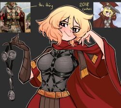 Rule 34 | 1girl, armor, asymmetrical gloves, black background, black eyes, blonde hair, bondage outfit, breasts, brown gloves, cape, centurii-chan, centurii-chan (artist), chainmail, closed mouth, commentary, english commentary, english text, gloves, greco-roman clothes, highres, holding, holding weapon, long hair, medium breasts, open mouth, original, red cape, red eyes, roman clothes, short hair, simple background, smile, solo focus, sword, weapon