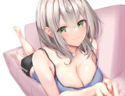Rule 34 | 1girl, absurdres, bad id, bad pixiv id, bare arms, bare shoulders, black shorts, blue shirt, blush, breasts, camisole, cleavage, closed mouth, couch, feet up, full body, green eyes, hair between eyes, highres, hololive, kurogane tekki, large breasts, looking at viewer, lying, medium hair, mole, mole on breast, on couch, on stomach, own hands together, shirogane noel, shirt, shorts, silver hair, simple background, sleeveless, sleeveless shirt, solo, virtual youtuber, white background