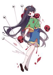 Rule 34 | 1girl, absurdres, bing zizi, black hair, blue shorts, closed mouth, commentary request, flip-flops, full body, green shirt, highres, holding, holding skull, horns, long hair, looking at viewer, nippaku zanmu, oni horns, red eyes, sandals, shirt, shorts, simple background, skull, sleeves past elbows, smile, solo, touhou, unfinished dream of all living ghost, very long hair, white background, wide sleeves