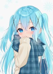 Rule 34 | 1girl, blue eyes, blue hair, breath, brown sweater, commentary request, covered mouth, fringe trim, gochuumon wa usagi desu ka?, grey background, hair between eyes, hair ornament, hand up, highres, kafuu chino, long hair, long sleeves, looking at viewer, plaid, plaid scarf, puffy long sleeves, puffy sleeves, scarf, simple background, sleeves past wrists, snowflake background, solo, sweater, tsukiman, two side up, unmoving pattern, upper body, very long hair, x hair ornament