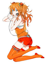 Rule 34 | 00s, 1girl, adapted costume, blue eyes, bra, digital media player, evangelion: 2.0 you can (not) advance, hair ornament, headphones, highres, lingerie, neon genesis evangelion, no shoes, orange hair, orange thighhighs, rebuild of evangelion, see-through, shorts, simple background, solo, souryuu asuka langley, takase (harakiri), thighhighs, underwear, white background