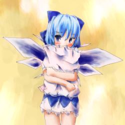 Rule 34 | 1girl, cirno, embodiment of scarlet devil, female focus, gradient background, hair ribbon, hugging object, pillow, pillow hug, ribbon, simple background, solo, touhou, yellow background