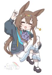 Rule 34 | 1girl, amiya (arknights), animal ears, arknights, arm up, ascot, black collar, black footwear, blue jacket, blush, brown hair, cheng junyun, chinese commentary, closed eyes, collar, commentary request, double-parted bangs, dress, full body, hair between eyes, highres, infection monitor (arknights), jacket, jewelry, knee up, long hair, long sleeves, mary janes, multiple rings, open mouth, puffy long sleeves, puffy sleeves, purple ascot, rabbit ears, rabbit girl, ring, shoes, sidelocks, simple background, socks, solo, star (symbol), twintails, white background, white dress, white socks