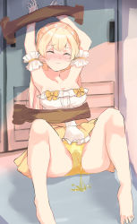 Rule 34 | 100081yazyu, 1girl, absurdres, armpits, bang dream!, barefoot, bdsm, blonde hair, blush, bondage, bound, breasts, cleavage, closed eyes, closed mouth, collarbone, door, dress, embarrassed, female focus, full body, highres, knees up, locker, long hair, medium breasts, nose blush, panties, peeing, peeing self, shirasagi chisato, sitting, solo, spread legs, strapless, strapless dress, tape, tears, underwear, upskirt, wet, wet clothes, yellow dress, yellow panties