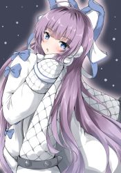 Rule 34 | 1girl, absurdres, azur lane, blue eyes, blush, brown outline, coat, commentary request, fur collar, grey background, hands up, highres, long hair, long sleeves, looking at viewer, looking to the side, moyoron, outline, parted lips, purple hair, russian commentary, sleeves past fingers, sleeves past wrists, snowing, solo, spikes, tashkent (azur lane), very long hair, white coat