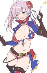 Rule 34 | 1girl, absurdres, american flag bikini, american flag print, asymmetrical hair, bad id, bad twitter id, belt, bikini, black gloves, blue jacket, boots, breasts, bun cover, commentary request, cowboy shot, cropped jacket, fate/grand order, fate (series), fingerless gloves, flag print, gloves, green eyes, hair bun, highres, ichi-jirushi, index finger raised, jacket, large breasts, long hair, looking at viewer, miyamoto musashi (fate), miyamoto musashi (fate/grand order), miyamoto musashi (swimsuit berserker) (fate), miyamoto musashi (swimsuit berserker) (second ascension) (fate), one eye closed, pink hair, print bikini, side ponytail, single hair bun, smile, solo, swimsuit, thigh boots, thighhighs