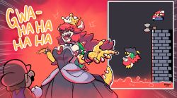 Rule 34 | 1boy, 1girl, artist name, axe, black dress, bowsette, chibi, collar, dreaminerryday, dress, elbow gloves, eyebrows, falling, gameplay mechanics, gem, gloves, horns, laughing, mario, mario (series), lava, new super mario bros. u deluxe, nintendo, red hair, spiked collar, spiked shell, spiked tail, spikes, super crown, super mario bros. 1, surprised, tail, thick eyebrows