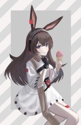 Rule 34 | 1girl, animal ears, april (arknights), arknights, black gloves, breasts, brown hair, closed mouth, commentary request, dress, feet out of frame, fingerless gloves, food, gloves, grey background, hair between eyes, hands up, highres, holding, holding food, ice cream, ice cream cone, long hair, medium breasts, purple eyes, rabbit ears, short sleeves, shouga chahan, single glove, sitting, solo, striped background, tongue, tongue out, very long hair, white dress, wide sleeves