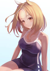 Rule 34 | 1girl, absurdres, animal ears, blonde hair, breasts, brown eyes, commentary request, competition school swimsuit, cowboy shot, ear covers, forehead, hanba agu, highres, horse ears, horse girl, medium breasts, narita top road (umamusume), school swimsuit, short hair, simple background, single ear cover, sitting, smile, solo, swimsuit, tracen swimsuit, umamusume, white background