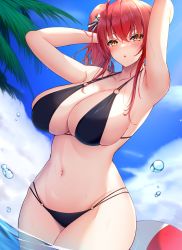 Rule 34 | 1girl, :o, armpits, arms up, azur lane, ball, beachball, bikini, black bikini, blue sky, blush, breasts, cloud, day, dot nose, groin, hair ornament, highres, large breasts, looking at viewer, navel, outdoors, ranju aira, red hair, side ponytail, skindentation, sky, solo, stomach, swimsuit, wading, water, wet, yellow eyes, zara (azur lane), zara (poolside coincidence) (azur lane)