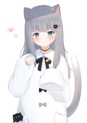 Rule 34 | 1girl, absurdres, animal ears, black bow, blue eyes, blush, bow, cat ears, cat girl, cat tail, closed mouth, collared dress, commentary, dress, grey hair, hair ornament, hairclip, highres, icetea (8862), indie virtual youtuber, long hair, long sleeves, looking at viewer, nachoneko, simple background, sleeves past fingers, sleeves past wrists, smile, solo, tail, tail raised, virtual youtuber, white background, white dress