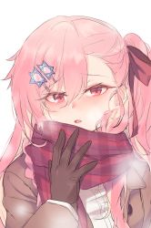 Rule 34 | 1girl, absurdres, blush, bow, braid, breasts, breathing, cold, girls&#039; frontline, gloves, hair between eyes, hair bow, hair ornament, hair ribbon, hairclip, hand up, hexagram, highres, jacket, jingo, long hair, looking at viewer, negev (girls&#039; frontline), one side up, pink hair, red bow, red eyes, ribbon, scarf, shirt, simple background, smile, solo, star of david