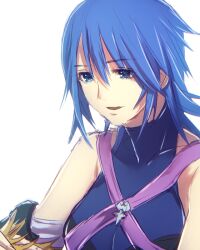 Rule 34 | 1girl, aqua (kingdom hearts), bare shoulders, blue eyes, blue hair, breasts, detached sleeves, hair between eyes, kingdom hearts, kingdom hearts birth by sleep, medium breasts, murata tefu, open mouth, short hair, simple background, smile, solo, white background