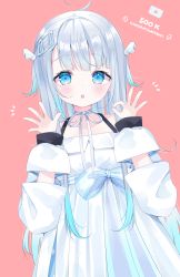 Rule 34 | 1girl, ahoge, amatsuka uto, bare shoulders, blue eyes, blue hair, brown background, collarbone, commentary request, congratulations, deyui, dress, hair ornament, hairclip, hands up, highres, indie virtual youtuber, long hair, long sleeves, multicolored hair, off-shoulder dress, off shoulder, ok sign, puffy long sleeves, puffy sleeves, silver hair, simple background, sleeves past wrists, solo, streaked hair, very long hair, virtual youtuber, white dress