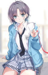 Rule 34 | 1girl, asakura toru, black hair, black necktie, blue eyes, blue hair, blue jacket, blue nails, blurry, blurry background, blush, collared shirt, commentary request, depth of field, earrings, gradient hair, grey skirt, hand up, highres, idolmaster, idolmaster shiny colors, jacket, jewelry, long sleeves, looking at viewer, multicolored hair, nail polish, necktie, open clothes, open jacket, parted bangs, parted lips, plaid, plaid skirt, pleated skirt, puffy long sleeves, puffy sleeves, shirt, sitting, skirt, sleeves past wrists, solo, string, string around finger, string of fate, sweat, tsuezu, white shirt
