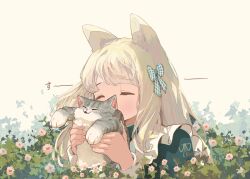 Rule 34 | 1girl, animal, animal ears, apron, aqua ribbon, armpit carry, black cat, blonde hair, bush, cat, cat ears, cat girl, closed eyes, covered mouth, dress, facing ahead, flower, frilled apron, frills, green dress, hair ribbon, hands up, highres, holding, holding animal, holding cat, huffing, long hair, long sleeves, oimo imoo, orange flower, original, outdoors, plant, revision, ribbon, simple background, smelling, solo, two-tone ribbon, upper body, white apron, white background, white cat, white ribbon, yellow flower