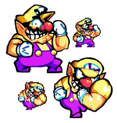 Rule 34 | 1boy, big nose, cleft chin, facial hair, gloves, grin, hat, looking at viewer, multiple views, muscular, muscular male, mustache, nintendo, overalls, pointy ears, purple overalls, reference inset, scrubbdubb, shirt, simple background, smile, sprite, wario, wario land, wario land 4, white background, white gloves, yellow hat, yellow shirt