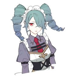 Rule 34 | 1girl, aqua hair, bad id, bad twitter id, drill hair, hair over one eye, highres, lipstick, loalo, maid headdress, makeup, medium hair, necktie, original, pointy ears, red eyes, simple background, sketch, solo, upper body, white background