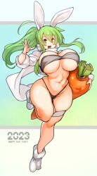 Rule 34 | 1girl, 2023, carrot, full body, happy new year, highres, navel, new year, open mouth, rabbit ears, sachito, solo, tagme