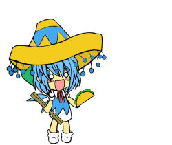 Rule 34 | 1girl, :d, blue hair, blush stickers, chibi, cirno, fairy, flat color, hat, mexico, open mouth, short hair, simple background, smile, solo, sombrero, stick, taco, touhou, white background