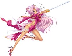 Rule 34 | 1girl, absurdres, ankle lace-up, aqua eyes, bare shoulders, blue eyes, breasts, cleavage, cleavage cutout, clothing cutout, cross-laced footwear, detached sleeves, dress, forehead, full body, game cg, hair ornament, high heels, highres, hikage eiji, jewelry, koihime musou, long hair, looking at viewer, nail polish, necklace, pelvic curtain, pink hair, ponytail, revealing clothes, serious, shoes, side slit, solo, sonsaku, sword, tan, transparent background, very long hair, weapon, white background