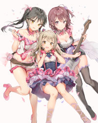 Rule 34 | 3girls, :d, anmi, black hair, black legwear, blush, breasts, brown hair, cleavage, closed mouth, commentary request, dress, fingerless gloves, gloves, guitar, hair between eyes, headset, high heels, highres, holding, instrument, light brown hair, long hair, medium breasts, mole, multiple girls, music, open mouth, original, pink eyes, short hair, shorts, side ponytail, simple background, smile, thighhighs, yellow eyes