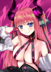 Rule 34 | &gt;:), 1girl, bare shoulders, belt bra, black ribbon, blue eyes, blunt bangs, blush, breasts, butterfly hair ornament, cleavage, closed mouth, commentary request, cosplay, curled horns, demon horns, detached sleeves, ds (mettyamattyaman), elizabeth bathory (fate), elizabeth bathory (fate/extra ccc), elizabeth bathory (fate/extra ccc) (cosplay), eyelashes, fake horns, fate/extra, fate/extra ccc, fate (series), fingernails, go-toubun no hanayome, hair ornament, hair ribbon, horns, large breasts, long fingernails, long hair, looking at viewer, nakano nino, pink hair, purple background, purple nails, ribbon, simple background, smile, smug, solo, straight hair, upper body, v-shaped eyebrows, very long hair, wide sleeves