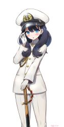 Rule 34 | 1girl, alternate costume, artist name, black hair, blue eyes, blush, glint, gloves, gridman universe, hand in own hair, hand on hilt, hat, highres, holding, holding sword, holding weapon, long hair, long sleeves, looking at viewer, pants, parted lips, peaked cap, sheath, sheathed, simple background, solo, ssss.gridman, sword, takarada rikka, weapon, white background, white gloves, white hat, white pants