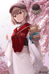 Rule 34 | 1girl, bad id, bad twitter id, basket, bird, braid, brown eyes, brown hair, brown hat, closed mouth, commentary, earrings, english commentary, fingerless gloves, floral print, friend (nanashi mumei), gloves, hat, hat feather, holding, holding basket, hololive, hololive english, japanese clothes, jewelry, kimono, long sleeves, looking at viewer, mujinbensin, multicolored hair, nanashi mumei, nanashi mumei (new year), official alternate costume, owl, patreon username, print kimono, red shawl, shawl, short hair, single glove, solo, streaked hair, top hat, virtual youtuber, white gloves, white hair, white kimono