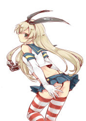 Rule 34 | 10s, 1girl, anchor, elbow gloves, gloves, hairband, kantai collection, long hair, midriff, panties, pantyshot, shimakaze (kancolle), simple background, skirt, solo, striped clothes, striped thighhighs, thighhighs, tobi (one), underwear, upskirt, white background