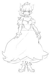 Rule 34 | 1girl, armlet, bad id, bad twitter id, bowsette, bracelet, collar, crown, dress, elbow gloves, forked eyebrows, full body, gloves, greyscale, highres, horns, jewelry, mario (series), monochrome, new super mario bros. u deluxe, nintendo, sketch, solo, spiked armlet, spiked bracelet, spikes, super crown, thick eyebrows