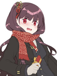 Rule 34 | 1girl, black coat, blunt bangs, blush, coat, embarrassed, enpera, gift, girls&#039; frontline, gloves, hair ornament, half updo, holding, holding gift, jjuwaap, long hair, long sleeves, looking at viewer, official alternate costume, one side up, purple hair, red eyes, red scarf, scarf, simple background, snowflake hair ornament, solo, upper body, v-shaped eyebrows, wa2000 (date in the snow) (girls&#039; frontline), wa2000 (girls&#039; frontline), wavy mouth, white background, white gloves, winter clothes
