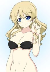 Rule 34 | 1girl, alternate hairstyle, bare shoulders, bikini, black bikini, blonde hair, blue eyes, blush, breasts, cleavage, closed mouth, commentary, darjeeling (girls und panzer), girls und panzer, groin, hair down, hand in own hair, ichinose jun, long hair, looking at viewer, medium breasts, navel, o-ring, o-ring bikini, smile, solo, strapless, strapless bikini, swimsuit, upper body