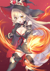 Rule 34 | 1girl, absurdres, black cape, black dress, black footwear, black gloves, black hat, black thighhighs, blonde hair, boots, breasts, burnt clothes, cape, cleavage, cleavage cutout, clothing cutout, commentary, cowboy shot, dress, fang, fire, g9 (jiiku), gloves, hair between eyes, hat, highres, knee boots, long hair, looking at viewer, magic, medium breasts, midriff, navel, navel cutout, nijisanji, nui sociere, nui sociere (1st costume), open mouth, red background, short dress, simple background, skin fang, solo, thighhighs, thighhighs under boots, thighs, very long hair, virtual youtuber, wing collar, witch, witch hat, yellow eyes