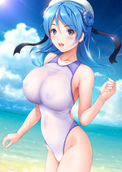 Rule 34 | 1girl, absurdres, beach, blue eyes, blue hair, blue sky, breasts, cloud, collarbone, commentary request, competition swimsuit, covered erect nipples, covered navel, cowboy shot, day, double bun, dragon@harry, dutch angle, hat, highres, horizon, kantai collection, large breasts, long hair, looking at viewer, nipples, ocean, one-piece swimsuit, outdoors, sailor hat, see-through, sky, solo, swimsuit, urakaze (kancolle), white one-piece swimsuit