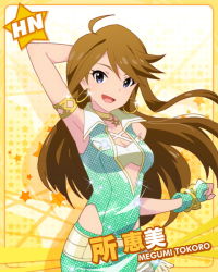 Rule 34 | 10s, 1girl, arm up, armlet, armpits, blue eyes, bracelet, brown hair, character name, choker, earrings, female focus, fingerless gloves, gloves, hand on own head, idolmaster, idolmaster million live!, jewelry, kawakami tetsuya, long hair, looking at viewer, lots of jewelry, official art, smile, solo, tokoro megumi, yellow background