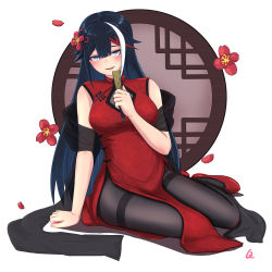 Rule 34 | 1girl, absurdres, azur lane, bare shoulders, black hair, black pantyhose, blue eyes, breasts, china dress, chinese clothes, chinese commentary, commentary request, deutschland (azur lane), deutschland (lantern-lit ruler) (azur lane), dress, flower, folded fan, folding fan, full body, hair between eyes, hair flower, hair ornament, hand fan, high heels, highres, large breasts, long hair, looking at viewer, multicolored hair, open mouth, pantyhose, paper fan, red footwear, red hair, sitting, smile, solo, streaked hair, thighband pantyhose, very long hair, vinwri, white hair, yokozuwari