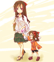 Rule 34 | 2girls, age difference, bad id, bad pixiv id, bag, blush, bow, brown eyes, brown hair, child, female focus, flower, hair bow, hakurei reimu, high heels, mother and daughter, multiple girls, open mouth, sendou asasuzu, shoes, skirt, touhou