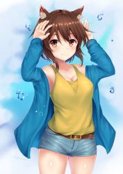 Rule 34 | 1girl, absurdres, animal ears, armpit peek, arms up, bare shoulders, belt, belt buckle, blue background, blue jacket, blush, breasts, brown eyes, brown hair, bubble, buckle, cat ears, cleavage, closed mouth, collarbone, cowboy shot, denim, denim shorts, gradient background, highres, jacket, long sleeves, looking at viewer, medium breasts, off shoulder, open clothes, open jacket, original, short hair, short shorts, shorts, sidelocks, smile, solo, suiroh (shideoukami), tareme, thighs, water drop