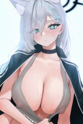 Rule 34 | 1girl, animal ear fluff, animal ears, blue archive, blue eyes, blush, breasts, choker, cleavage, collarbone, covered erect nipples, cross hair ornament, ear piercing, extra ears, grey hair, hair ornament, halo, highres, jacket, kazane-wind, large breasts, looking at viewer, mismatched pupils, open clothes, open jacket, piercing, shiroko (blue archive), shiroko terror (blue archive), solo, sports bra, sweat, track jacket, wet, wolf ears
