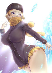 Rule 34 | 1girl, alternate costume, alternate hairstyle, blonde hair, blue eyes, blush, breasts, bro.you-yan, coat, fur hat, hat, highres, ice, kolin, large breasts, looking to the side, miniskirt, scarf, short hair, skirt, solo, standing, street fighter, street fighter v, thick thighs, thighs, ushanka, wide hips, winter clothes, winter coat