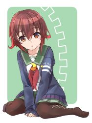 Rule 34 | 1girl, argyle, argyle clothes, argyle legwear, brown eyes, brown hair, brown pantyhose, character name, commentary request, crescent, crescent pin, full body, gears, gradient hair, green background, green sailor collar, green skirt, hair between eyes, highres, jacket, kantai collection, looking at viewer, minosu, multicolored hair, mutsuki (kancolle), mutsuki kai ni (kancolle), neckerchief, open mouth, pantyhose, pleated skirt, red hair, red neckerchief, sailor collar, school uniform, serafuku, short hair, sitting, skirt, solo, two-tone background, wariza, white background